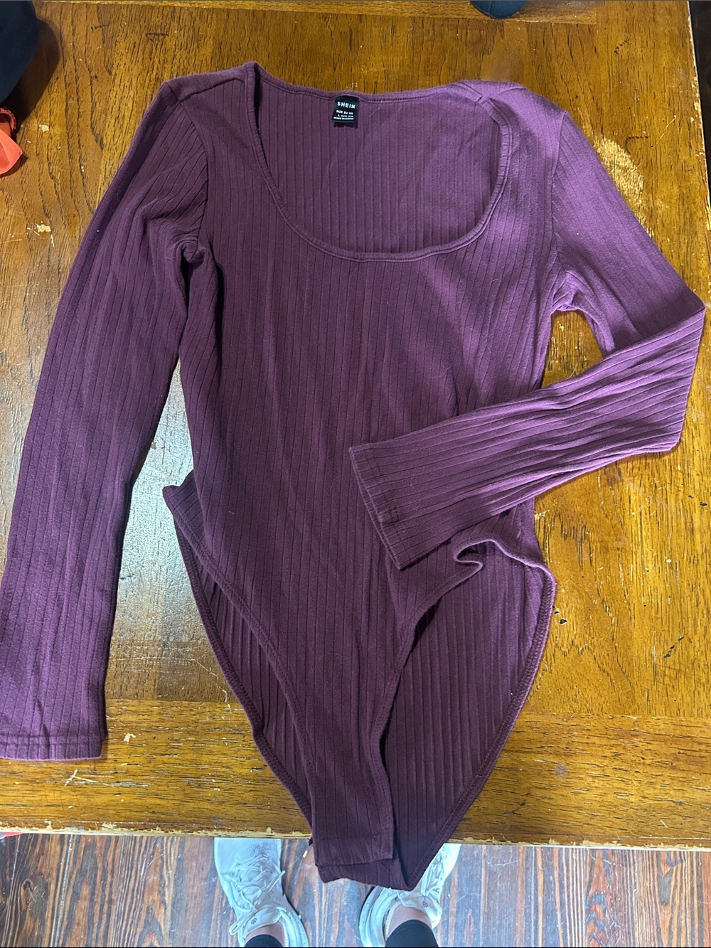 SHEIN Plum Ribbed Scoop-Neck Long-Sleeve Bodysuit